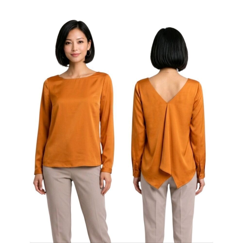 The Limited Burnt Orange Boatneck Split Back Long Sleeve Silky Blouse Size S